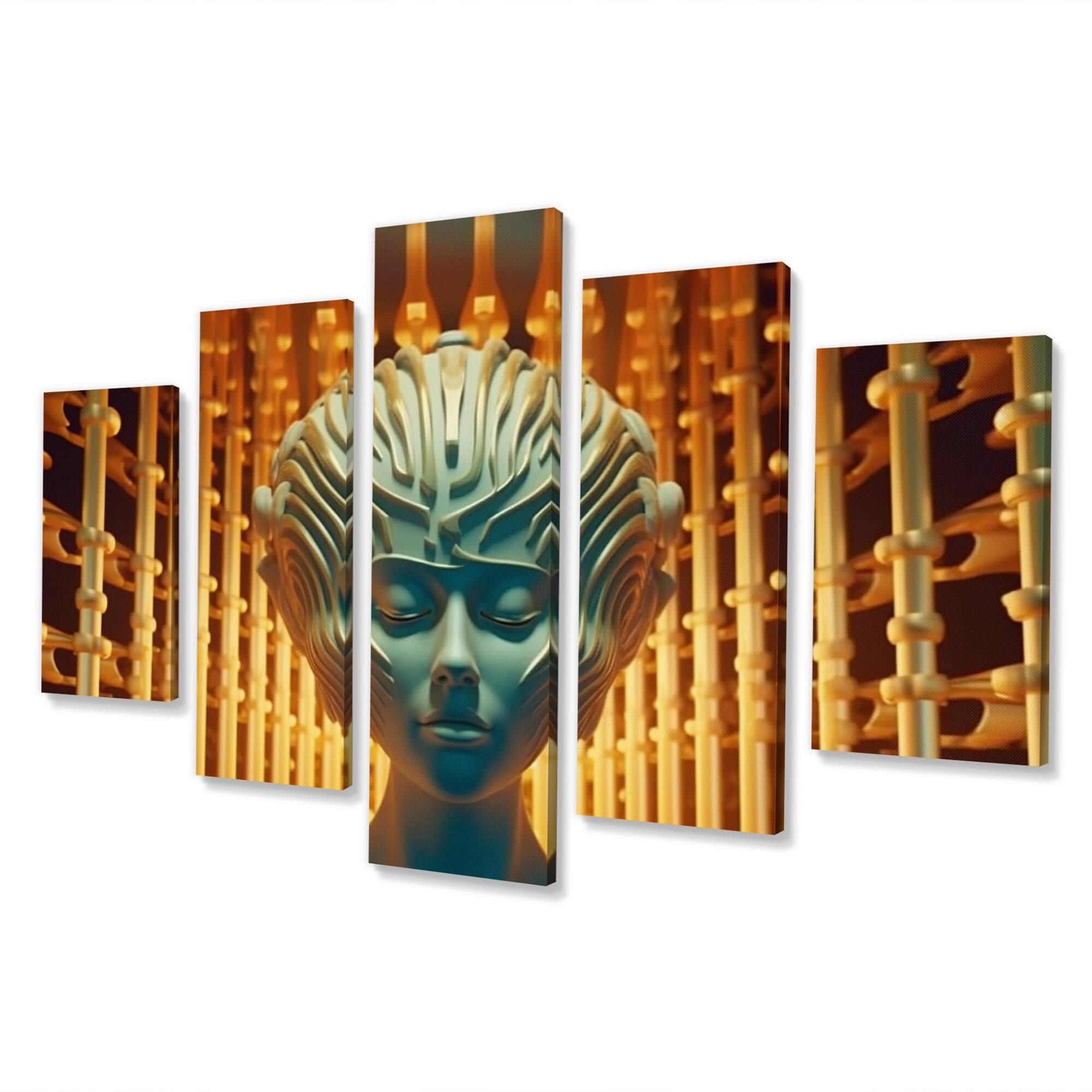 Designart "Minimalism Golden Sculpture SciFi Woman VIII" Fashion Woman Multipanel Wall Art